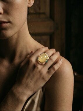 Gold Statement Ring with Yellow Cabochon and Turquoise Accents